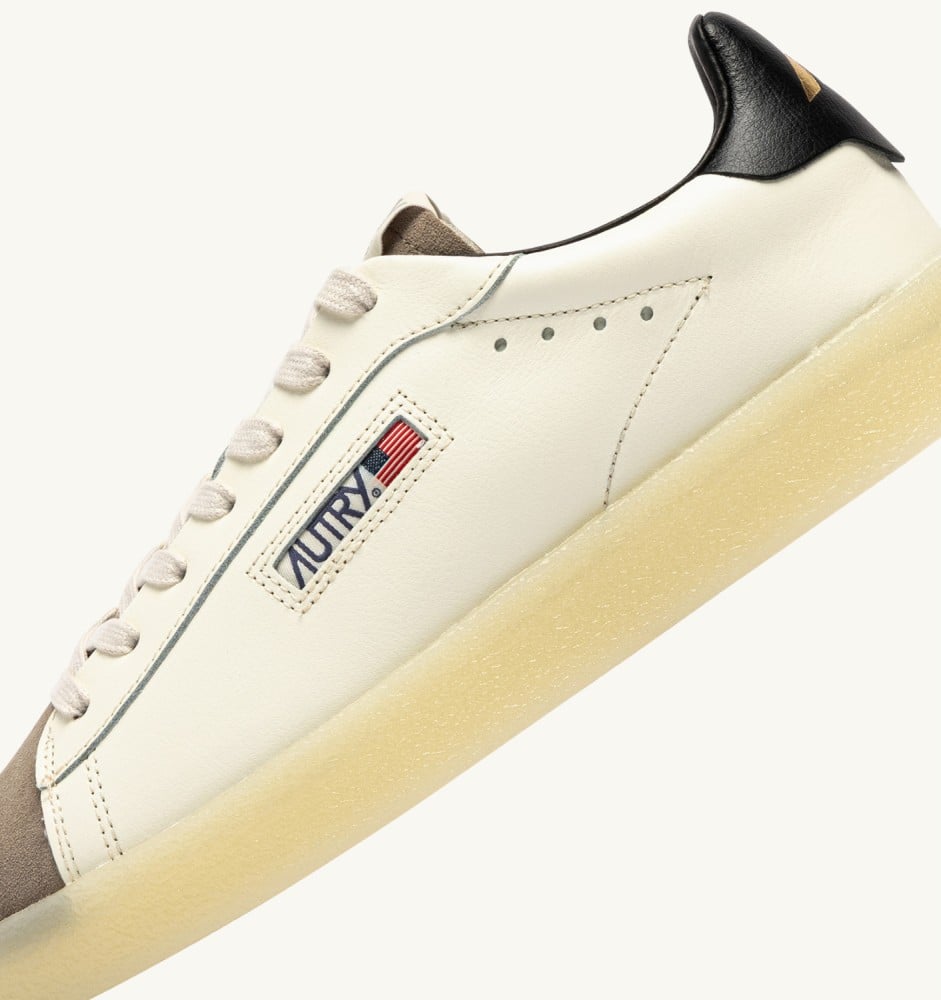 DALLAS LOW IN MARSHMALLOW, BLACK AND COBBLESTONE LEATHER AND SUEDE
