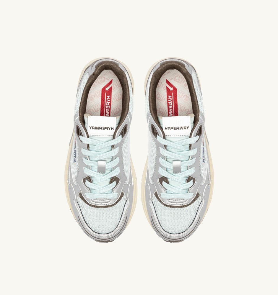 HYPERWAY IN SILVER, SPA BLUE AND CHOCOLATE CHIP SYNTHETIC LEATHER AND MESH