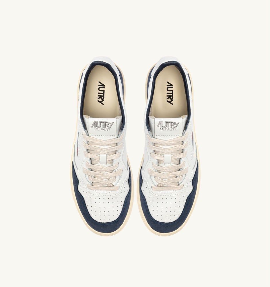 MEDALIST LOW IN WHITE LEATHER AND DENIM SUEDE