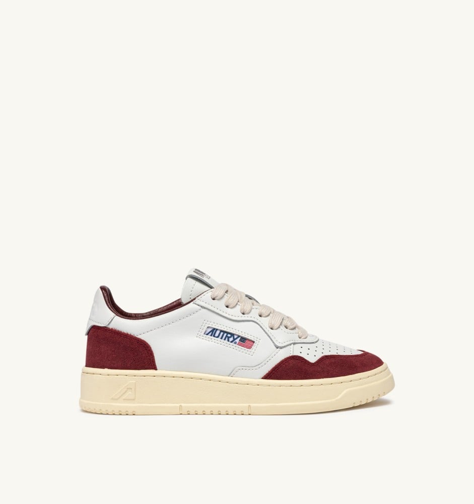 MEDALIST LOW IN WHITE LEATHER AND BURGUNDY SUEDE