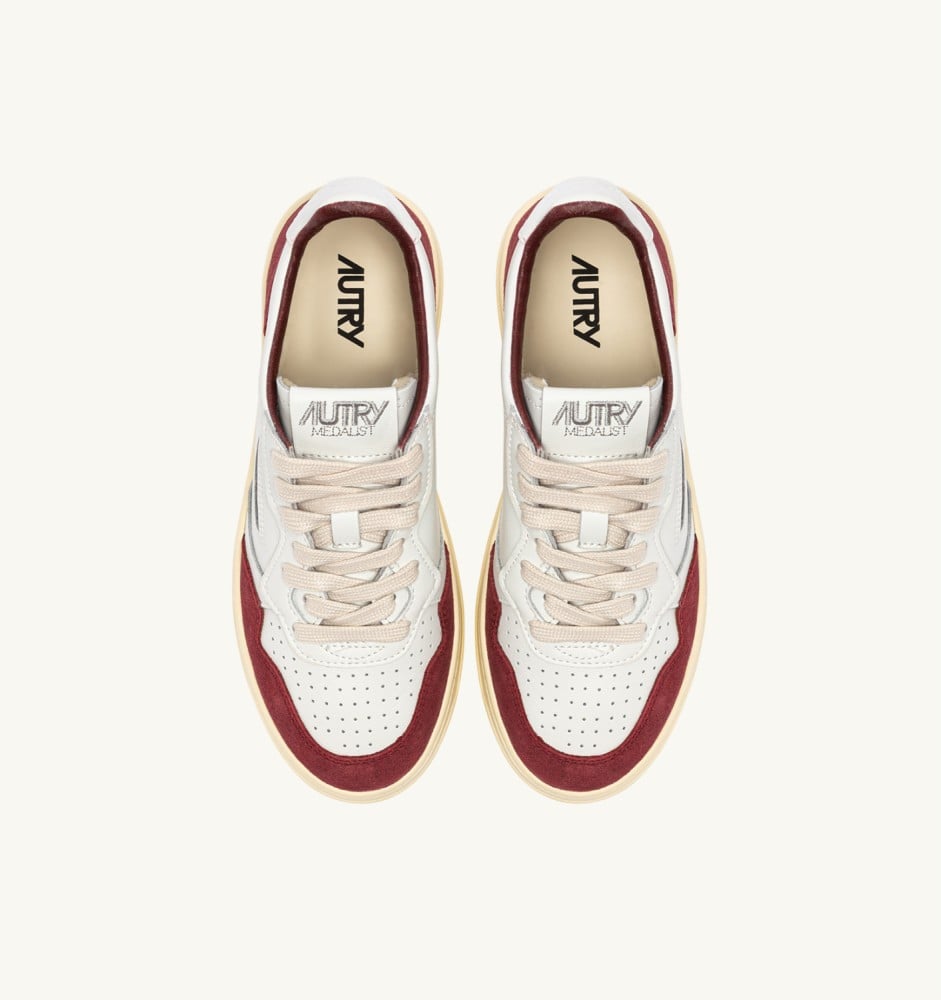 MEDALIST LOW IN WHITE LEATHER AND BURGUNDY SUEDE