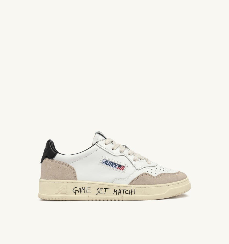 MEDALIST LOW IN WHITE AND BLACK SUEDE AND LEATHER WITH LETTERING