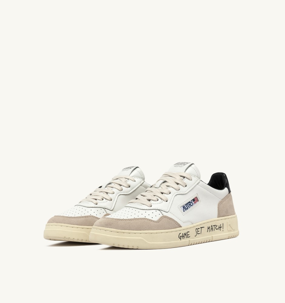 MEDALIST LOW IN WHITE AND BLACK SUEDE AND LEATHER WITH LETTERING
