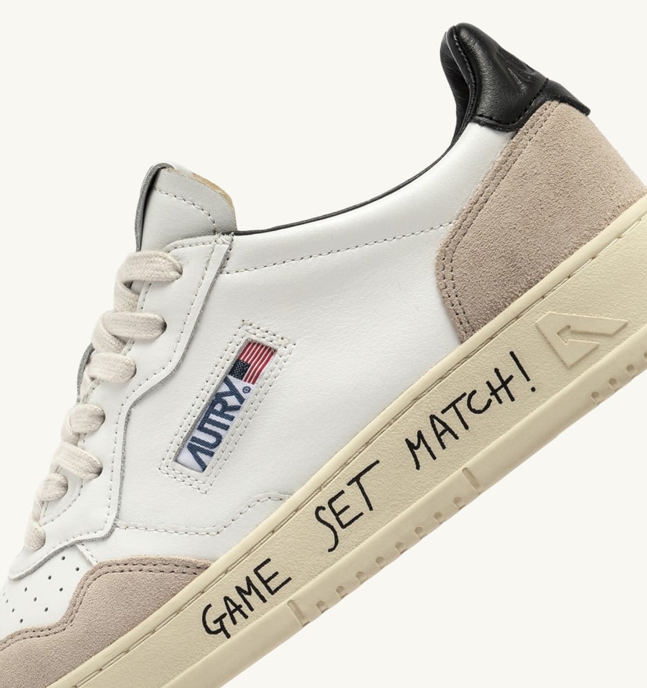 MEDALIST LOW IN WHITE AND BLACK SUEDE AND LEATHER WITH LETTERING