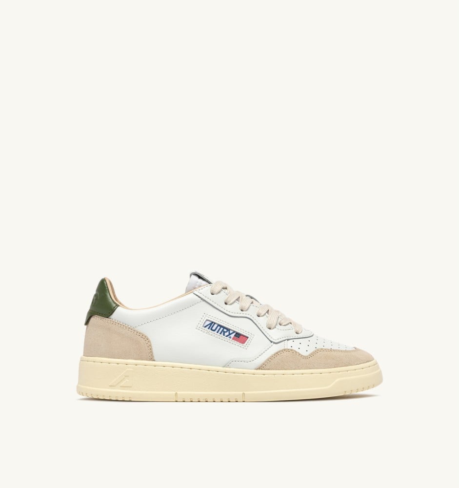 MEDALIST LOW IN WHITE LEATHER AND BRONZE GREEN SUEDE