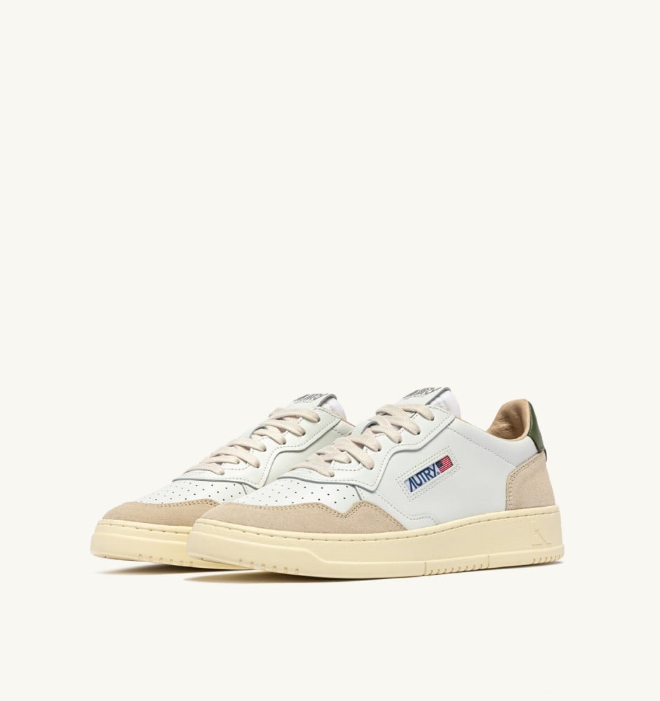 MEDALIST LOW IN WHITE LEATHER AND BRONZE GREEN SUEDE