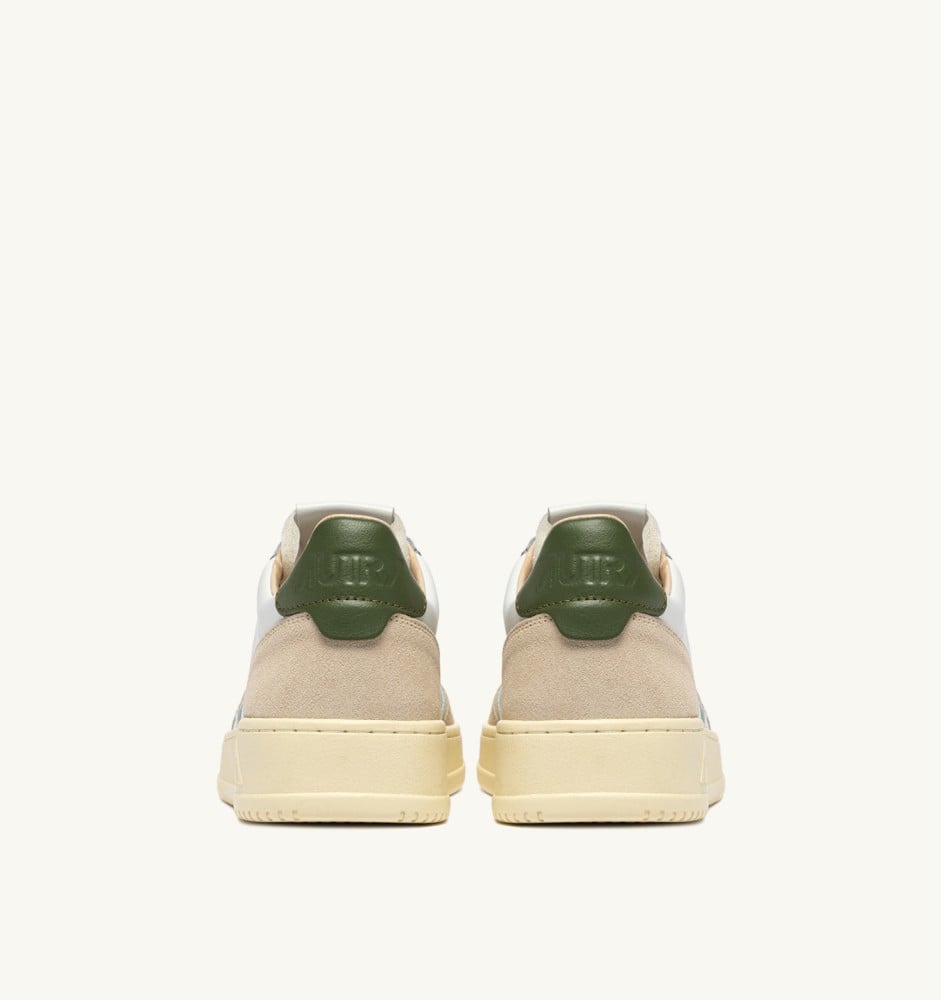 MEDALIST LOW IN WHITE LEATHER AND BRONZE GREEN SUEDE