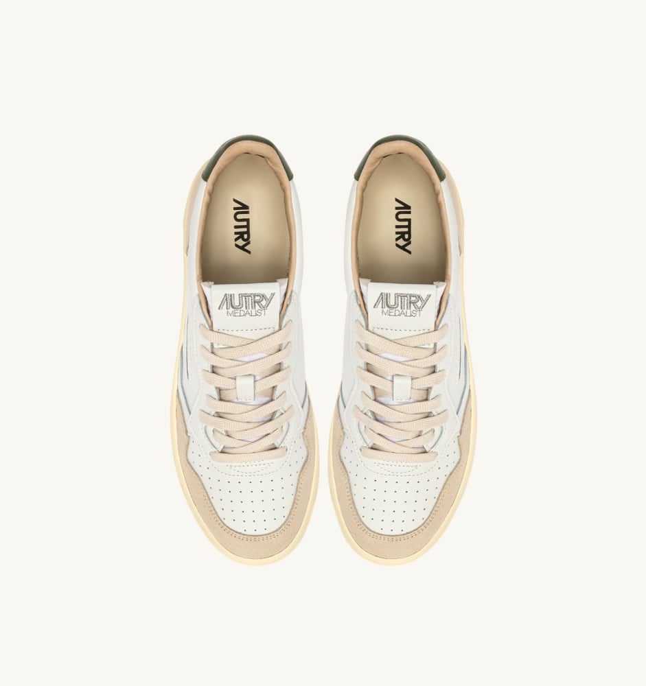 MEDALIST LOW IN WHITE LEATHER AND BRONZE GREEN SUEDE