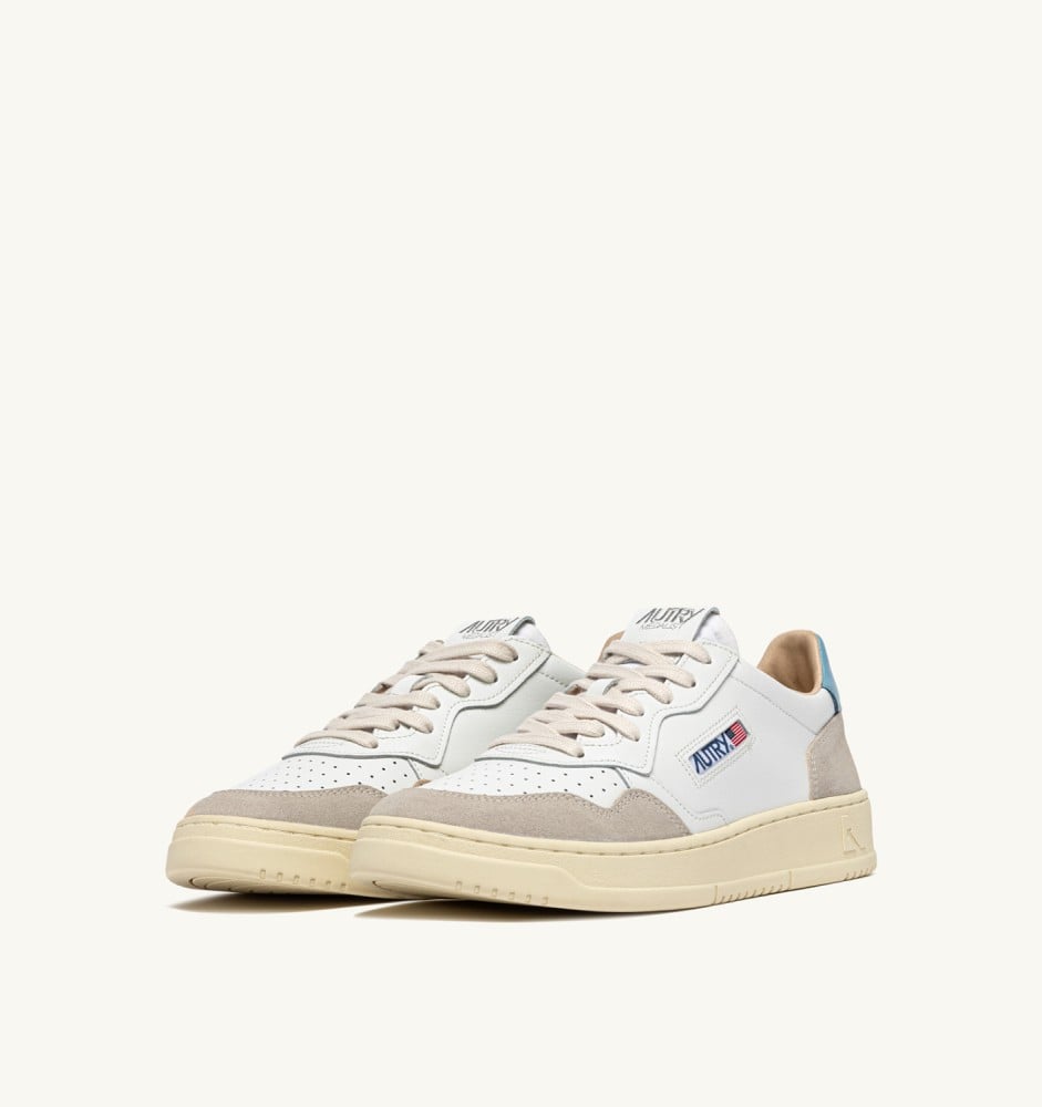 MEDALIST LOW IN WHITE AND FORGET ME NOT SUEDE AND LEATHER