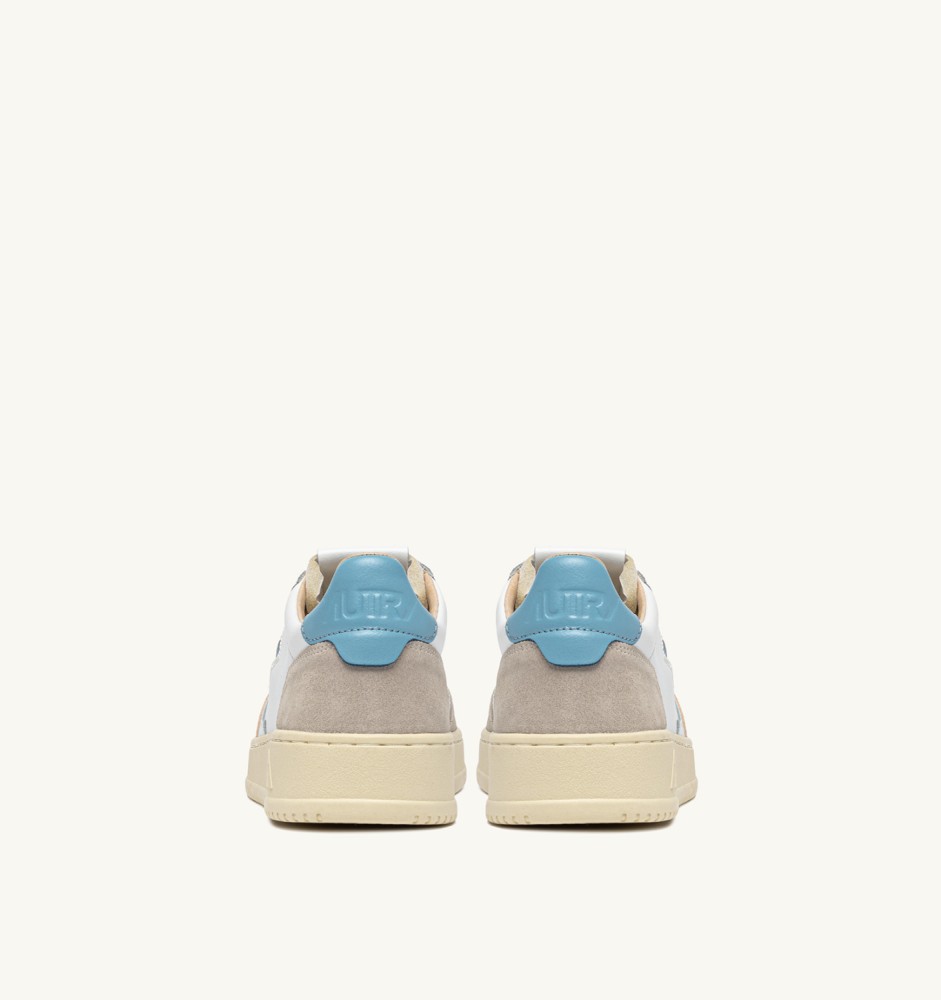 MEDALIST LOW IN WHITE AND FORGET ME NOT SUEDE AND LEATHER