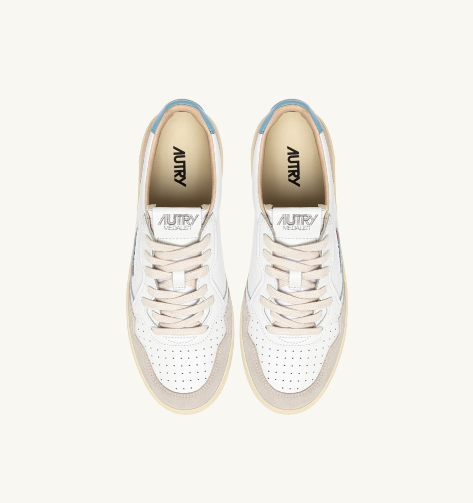 MEDALIST LOW IN WHITE AND FORGET ME NOT SUEDE AND LEATHER