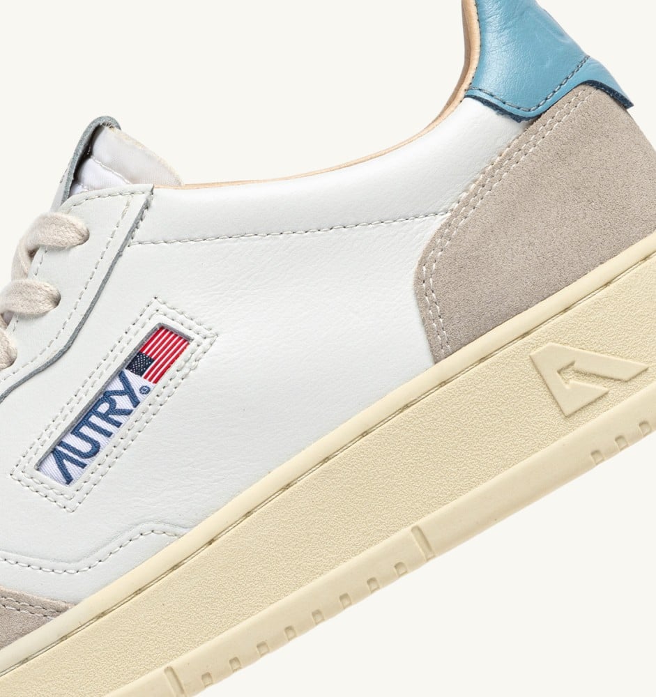 MEDALIST LOW IN WHITE AND FORGET ME NOT SUEDE AND LEATHER
