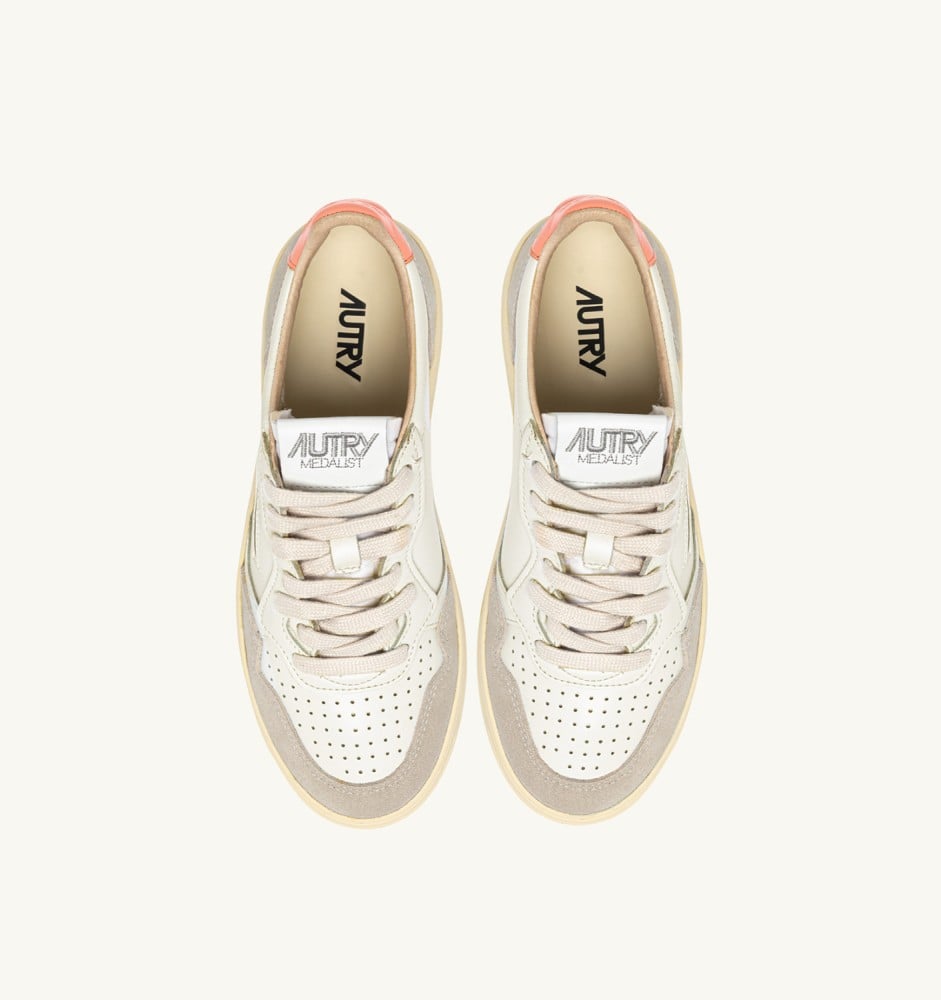 MEDALIST LOW IN WHITE AND PEACH PINK SUEDE AND LEATHER