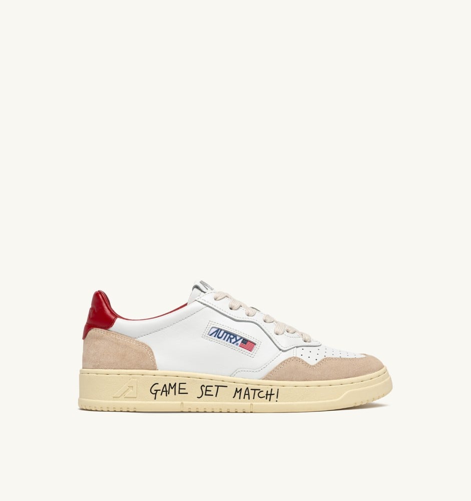 MEDALIST LOW IN WHITE AND RED SUEDE AND LEATHER WITH LETTERING