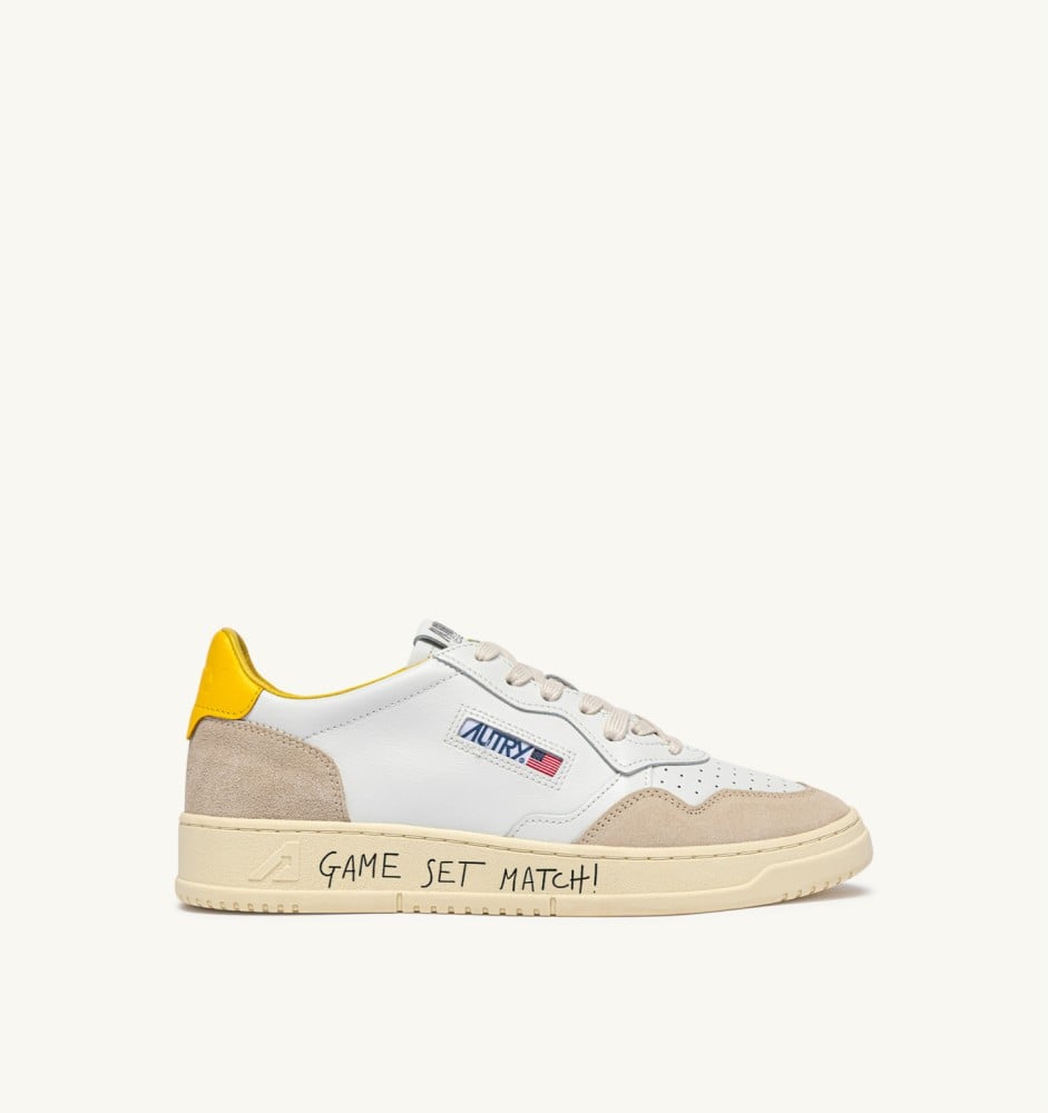 MEDALIST LOW IN WHITE LEATHER AND SLICKER SUEDE WITH LETTERING