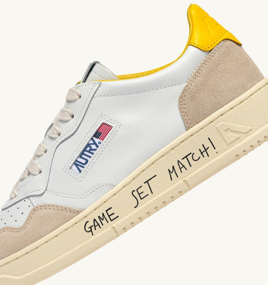 MEDALIST LOW IN WHITE LEATHER AND SLICKER SUEDE WITH LETTERING