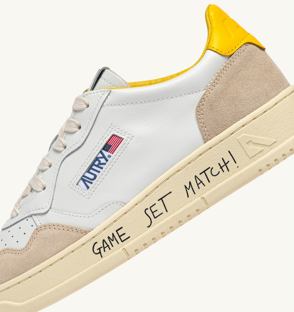 MEDALIST LOW IN WHITE LEATHER AND SLICKER SUEDE WITH LETTERING