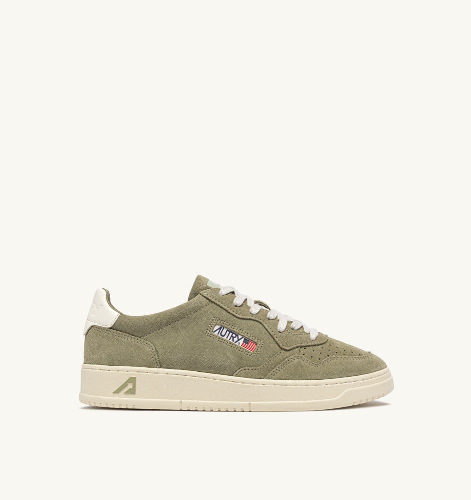 MEDALIST LOW IN GRAY GREEN AND WHITE SUEDE