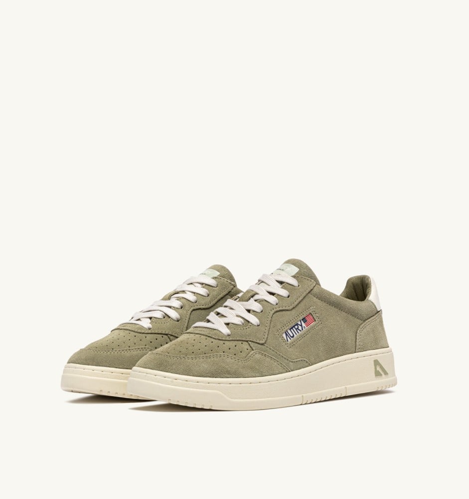 MEDALIST LOW IN GRAY GREEN AND WHITE SUEDE