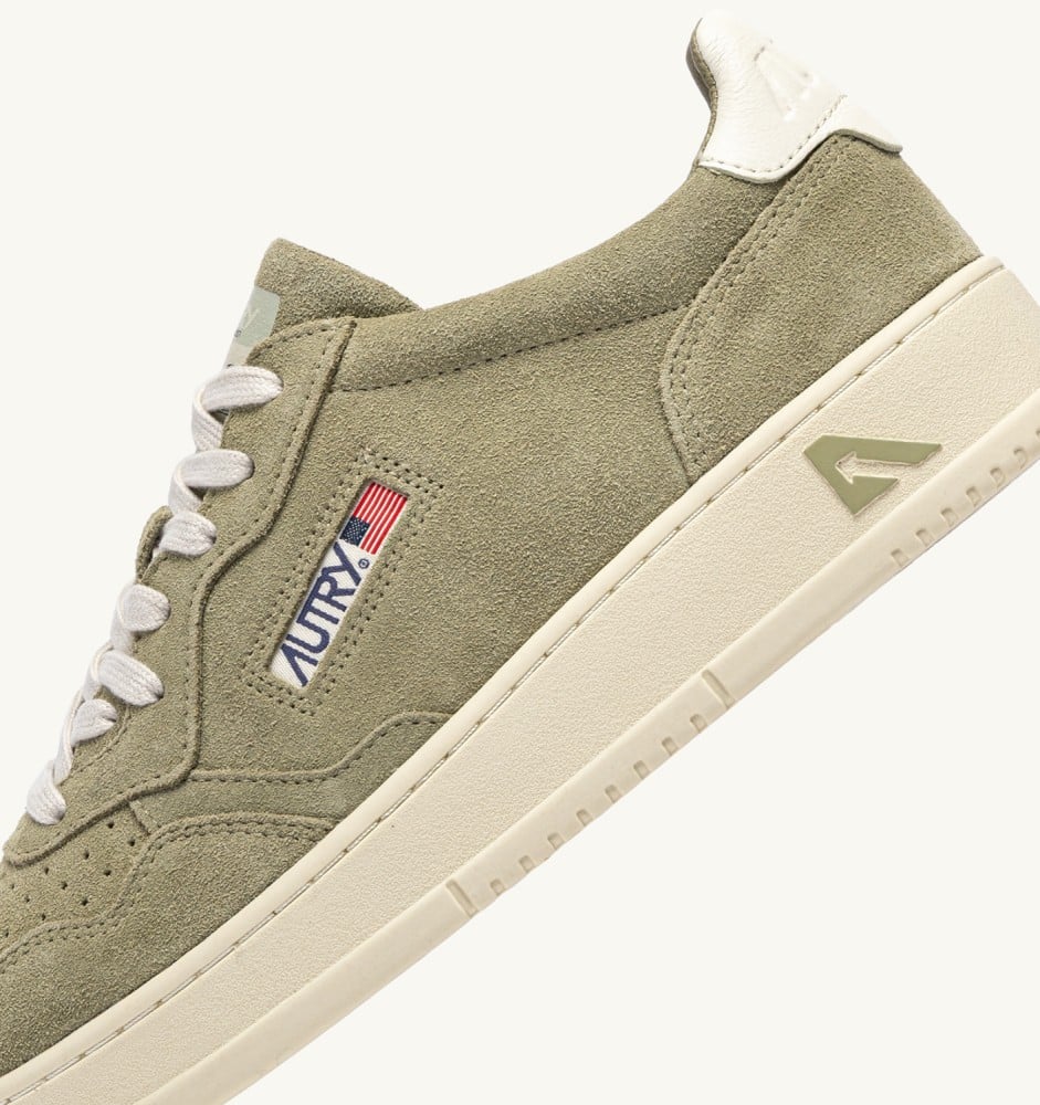 MEDALIST LOW IN GRAY GREEN AND WHITE SUEDE