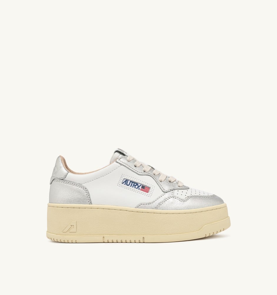 MEDALIST PLATFORM IN WHITE AND METALIZED SILVER LEATHER