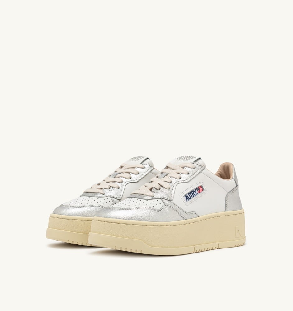 MEDALIST PLATFORM IN WHITE AND METALIZED SILVER LEATHER