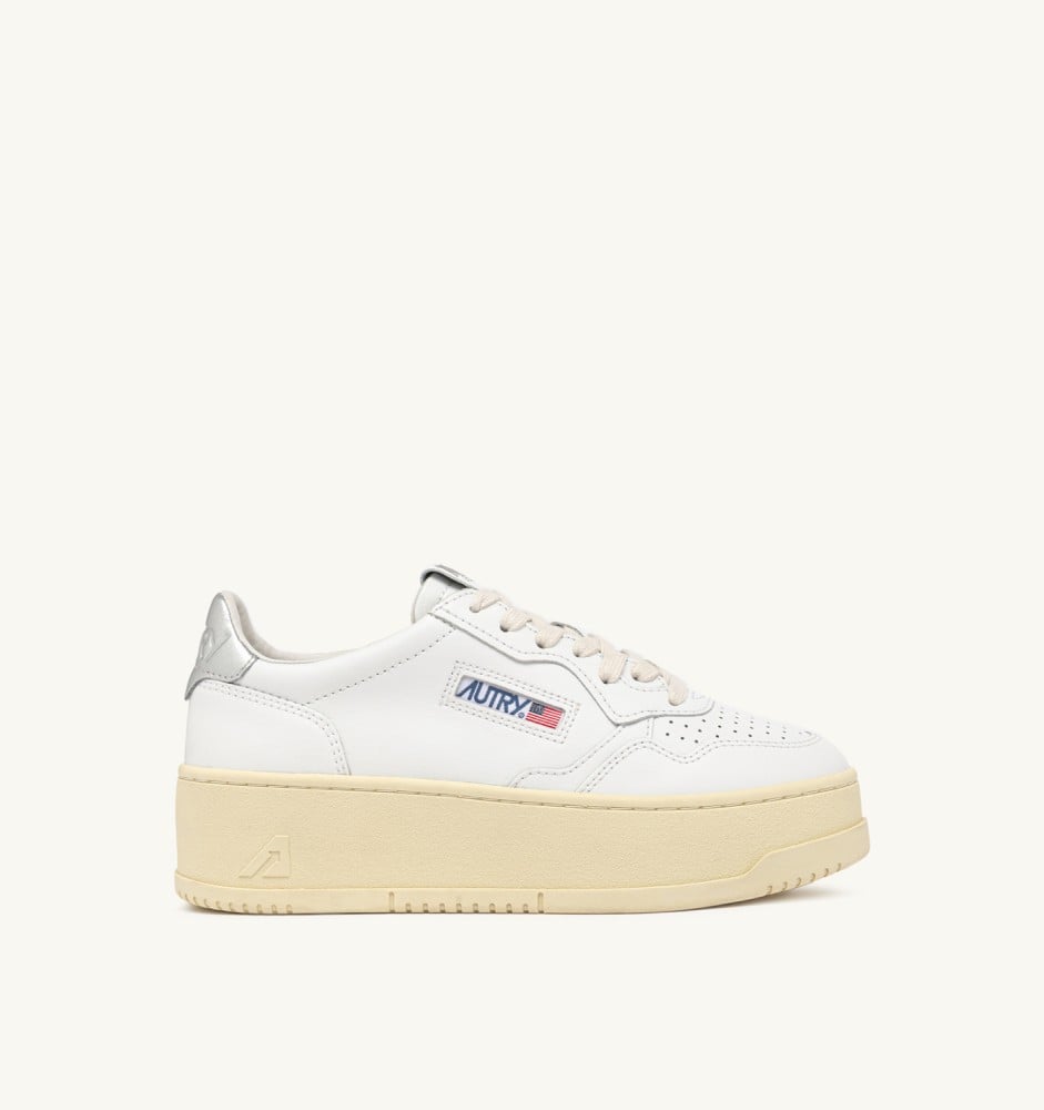 MEDALIST PLATFORM IN WHITE AND METALIZED SILVER LEATHER