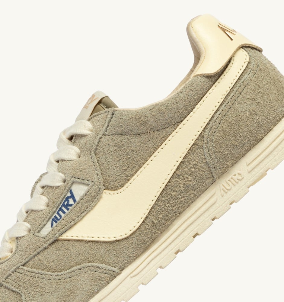 WINDSPIN IN GRAY GREEN AND RUTABAGA SUEDE AND LEATHER