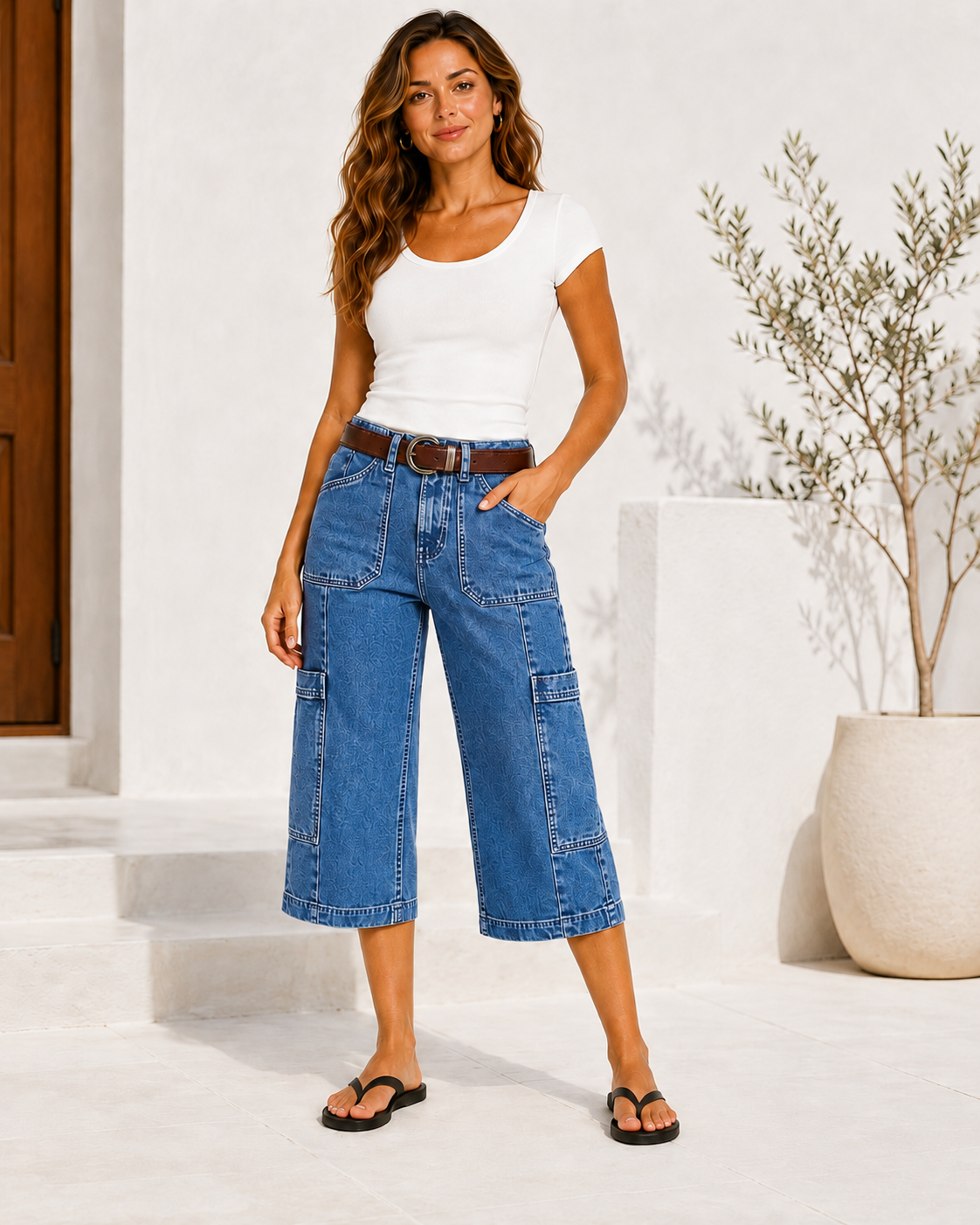 Stitch Detail Side Pocket Mid Waist Straight Leg Capri Pants