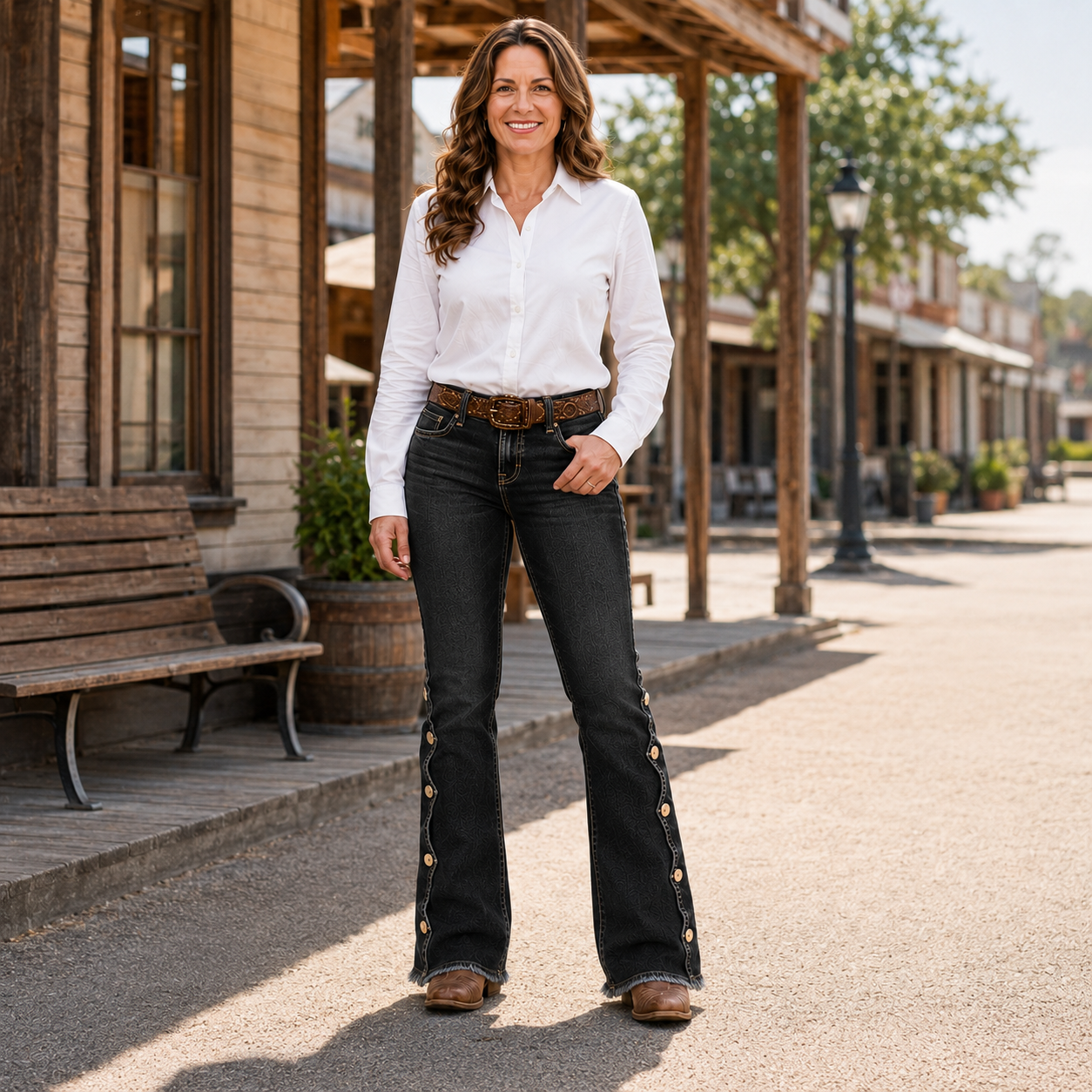 Bootcut-Jeans mit mittlerer Bundhöhe, seitlicher Knopfleiste und ausgefranstem Saum