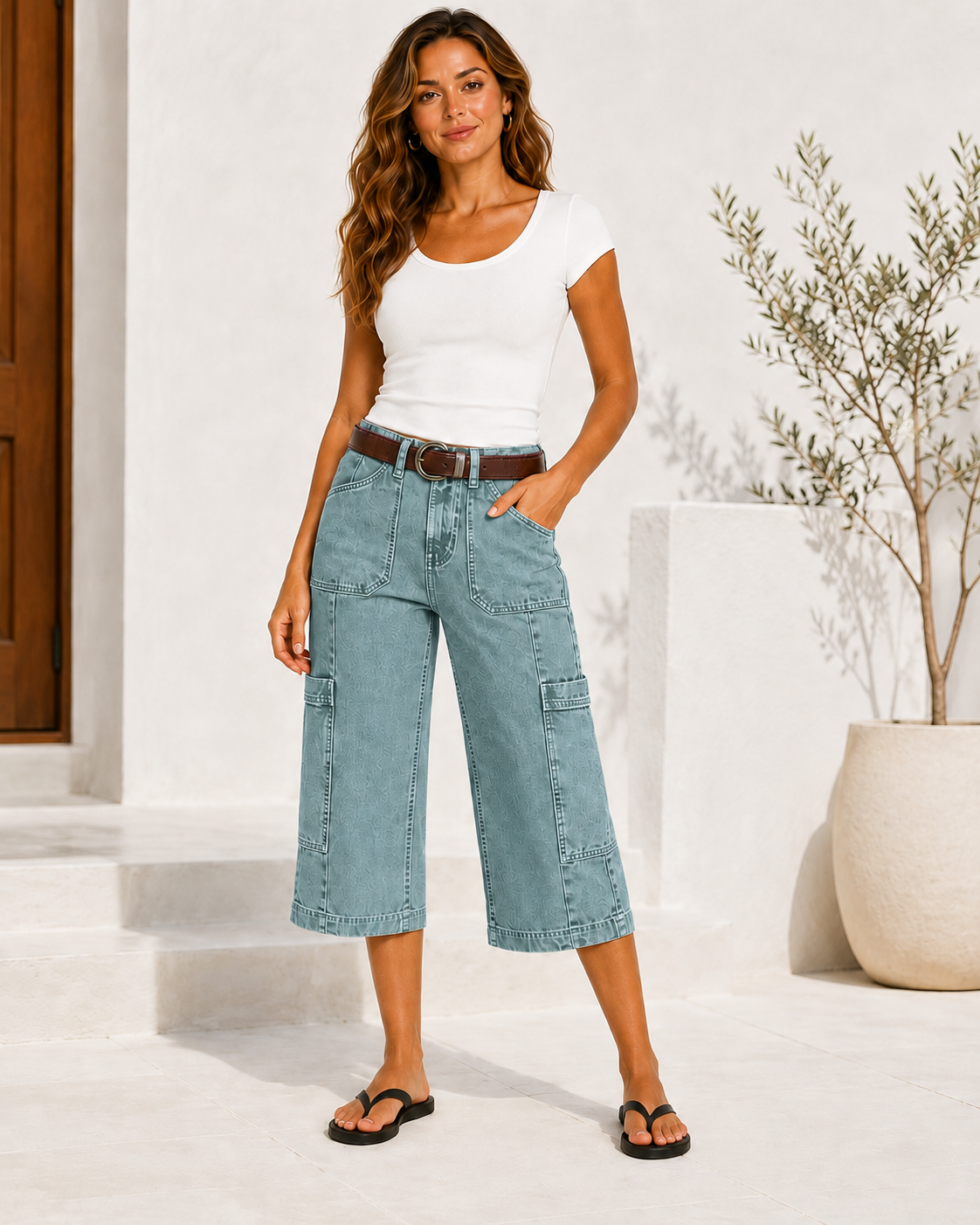 Stitch Detail Side Pocket Mid Waist Straight Leg Capri Pants