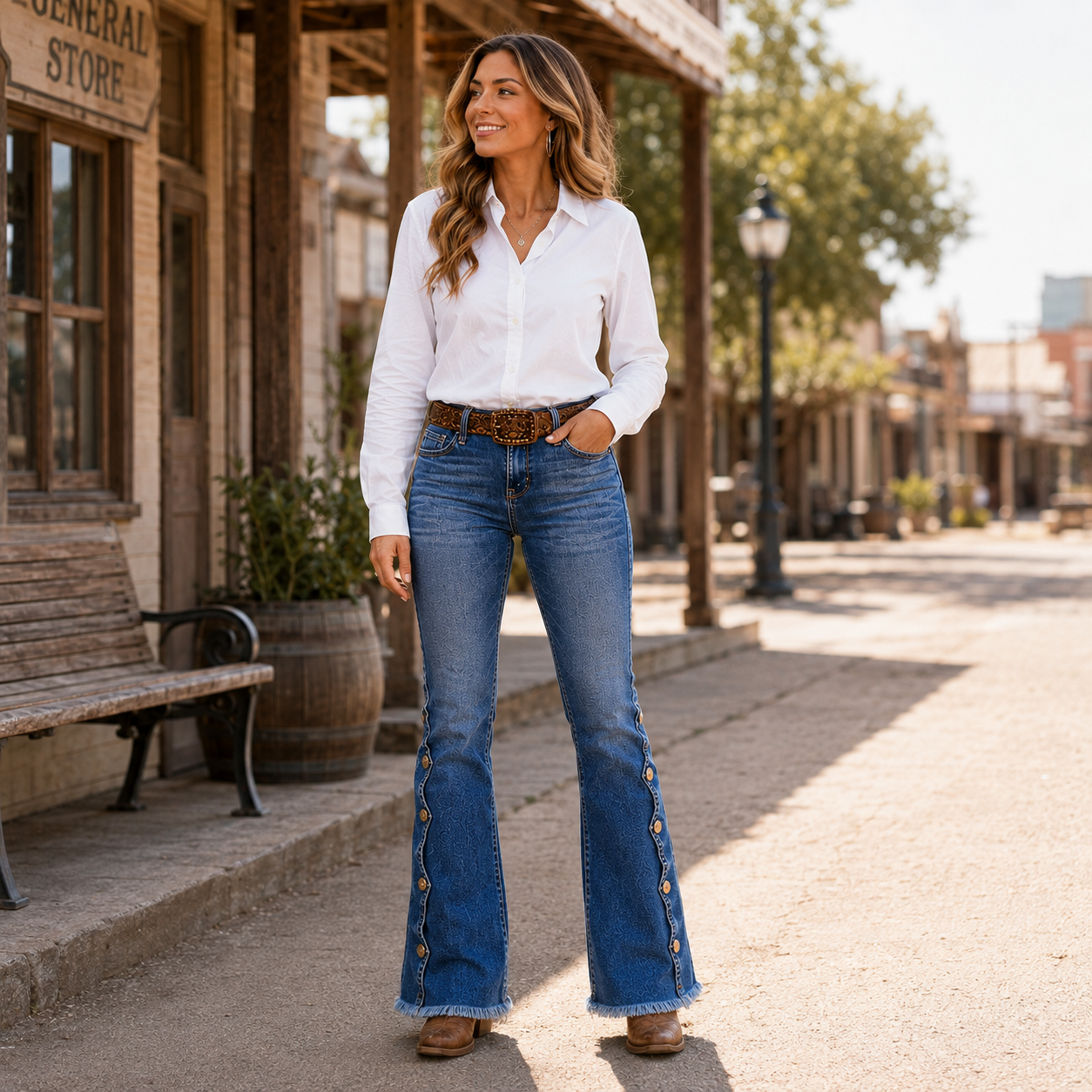 Bootcut-Jeans mit mittlerer Bundhöhe, seitlicher Knopfleiste und ausgefranstem Saum