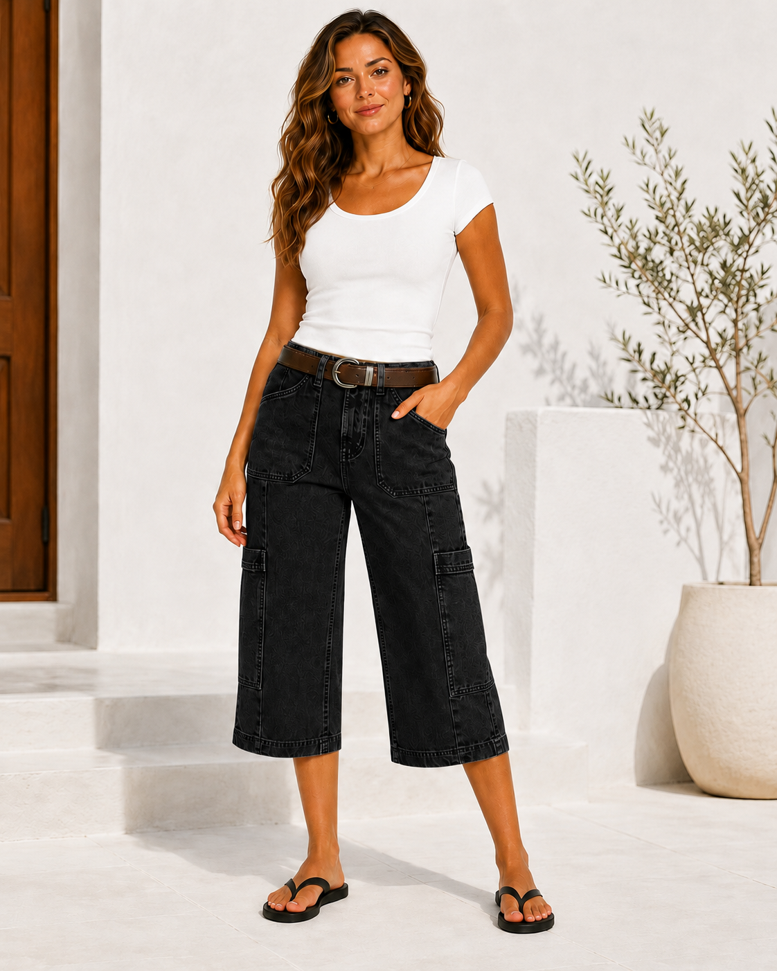 Stitch Detail Side Pocket Mid Waist Straight Leg Capri Pants
