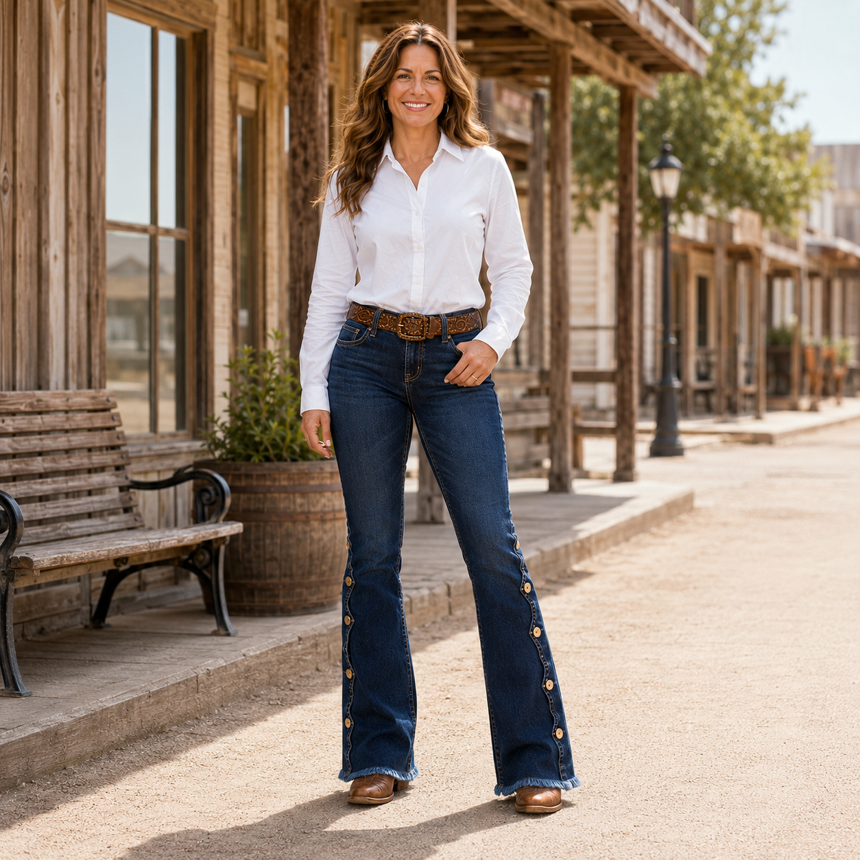 Bootcut-Jeans mit mittlerer Bundhöhe, seitlicher Knopfleiste und ausgefranstem Saum