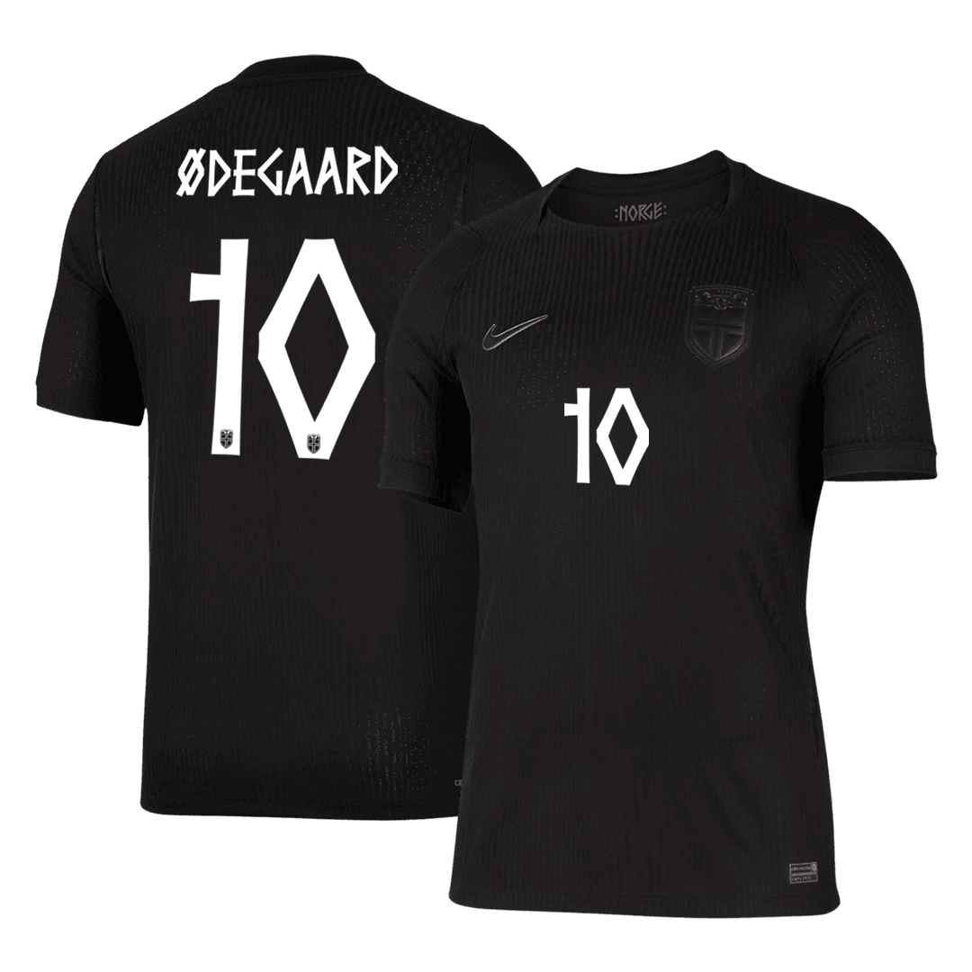 Front and back views of the men's Norway 2026 Away Player Version Slim Fit jersey with Ødegaard 10 printing