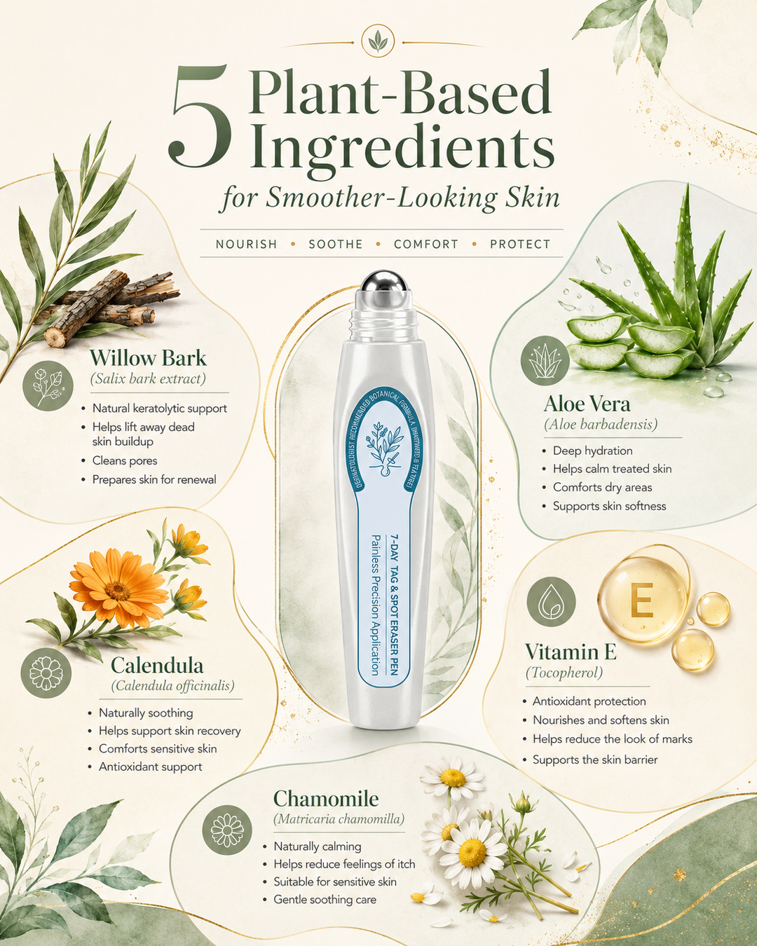 Five highlighted plant-based ingredients around the roll-on pen