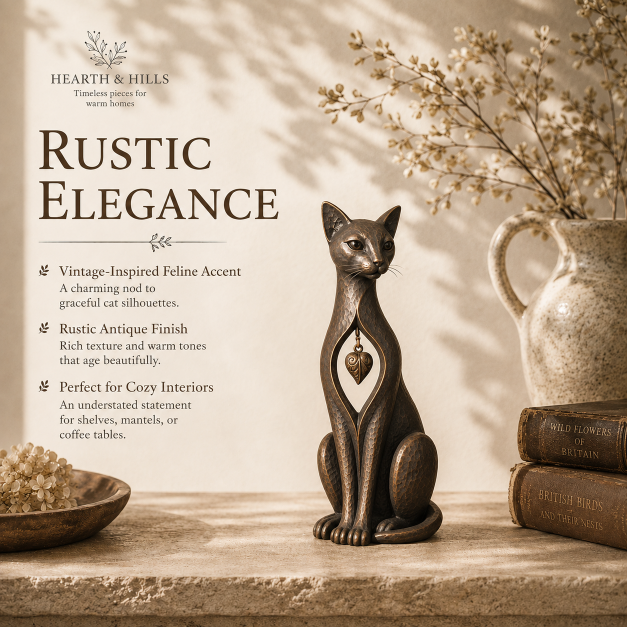 Retro Bronze Hollowed-out Heart Cat Resin Sculpture, European Art Style Home Decor Item