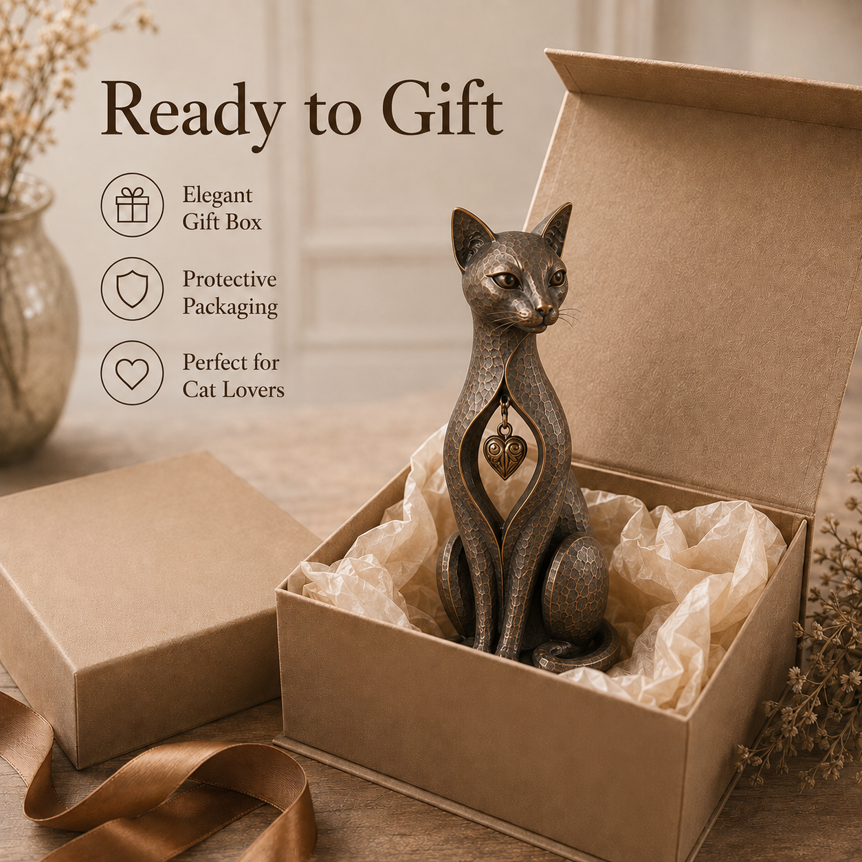 Retro Bronze Hollowed-out Heart Cat Resin Sculpture, European Art Style Home Decor Item