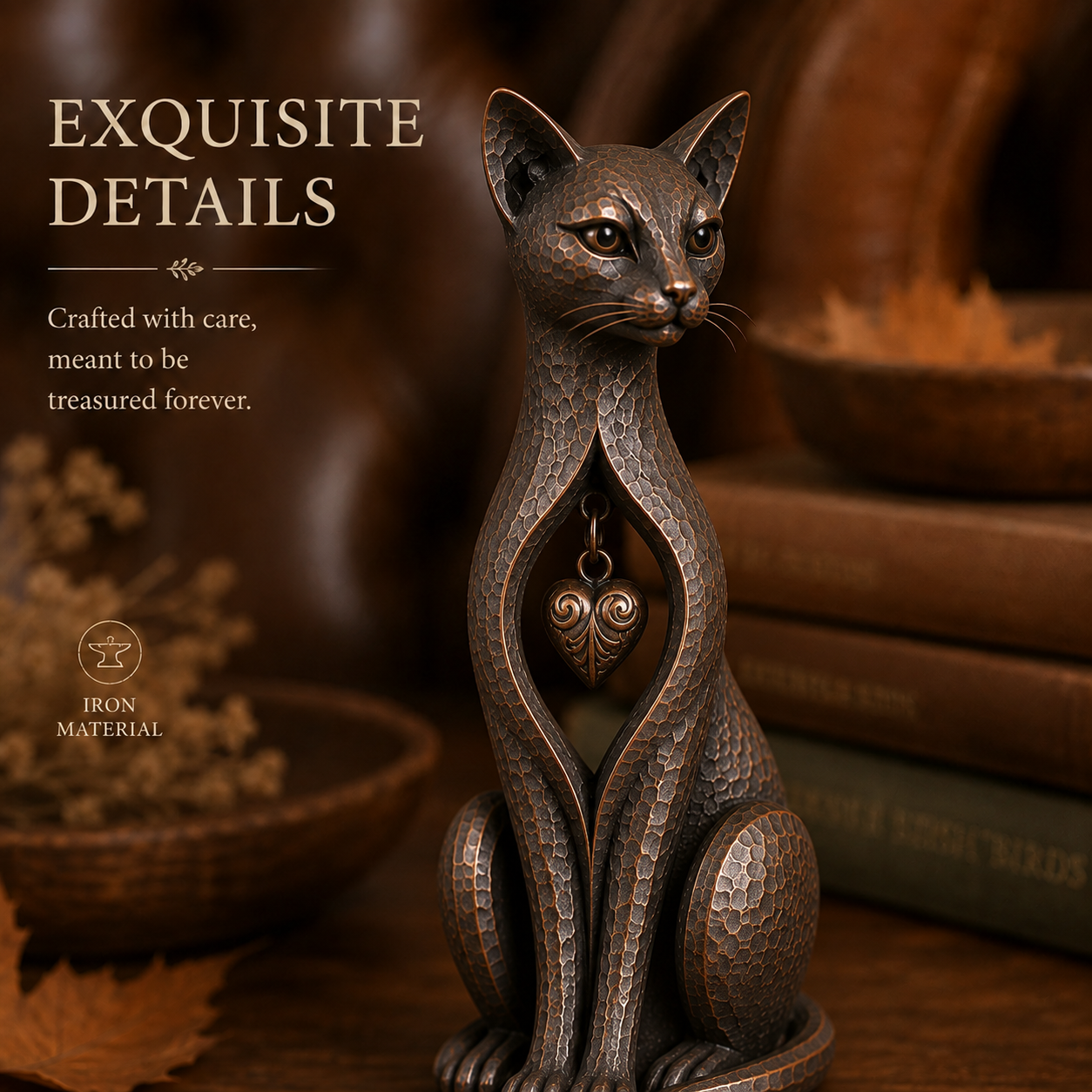 Retro Bronze Hollowed-out Heart Cat Resin Sculpture, European Art Style Home Decor Item