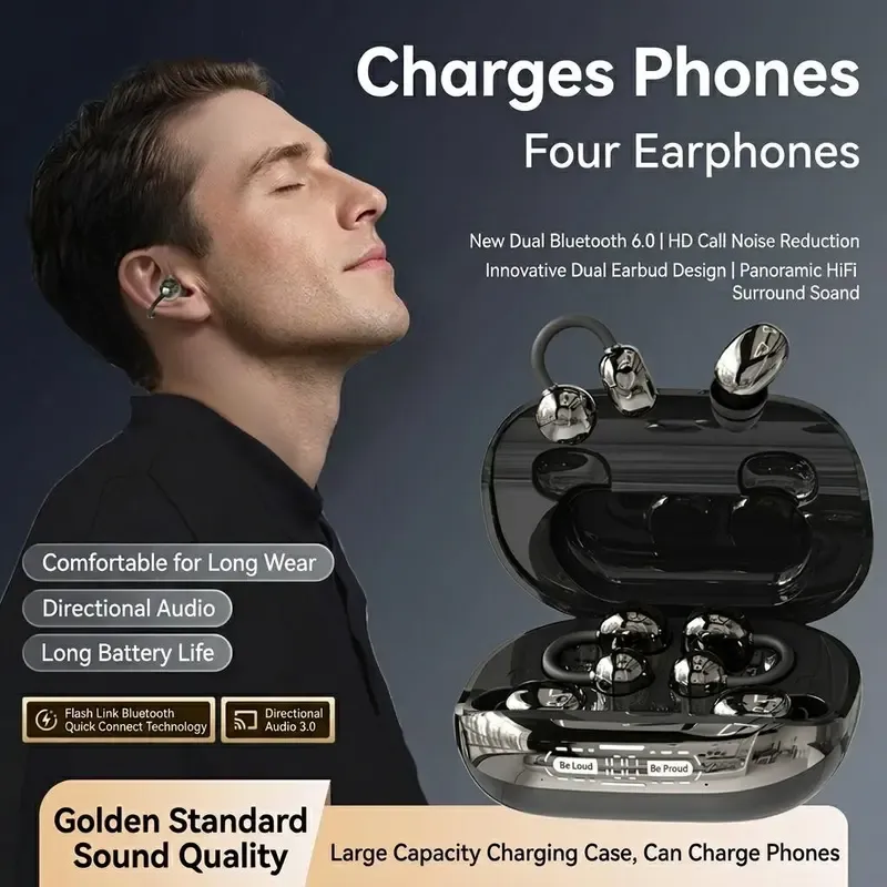 Couple Ear Clip Cool Anti Noise Sports Listening Games Wireless Bluetooth Earphones With Long Battery Life And Digital Display