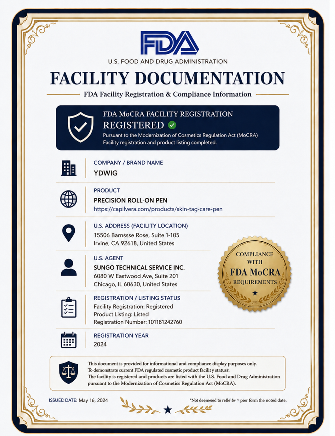 FDA-related facility or compliance documentation for the product or manufacturing facility
