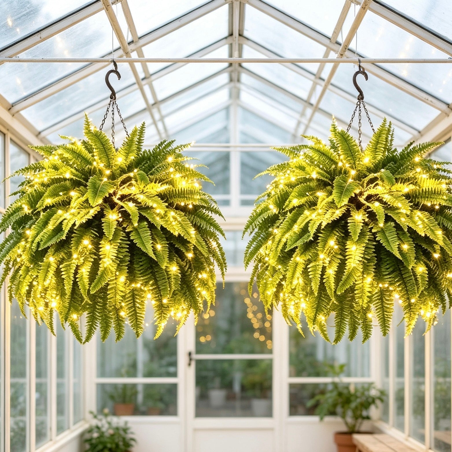 Lighted Boston ferns displayed in a bright glasshouse