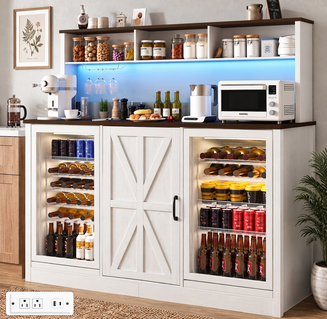 ANPOO 63"W Farmhouse Bar Cabinet w/ 2 Fridge Space, 58"H Coffee Bar Cabinet w/ Power Outlet, LED Light & Adjustable Shelves, Wine Bar Cabinet w/ Storage Hutch for Kitchen, Dining Room