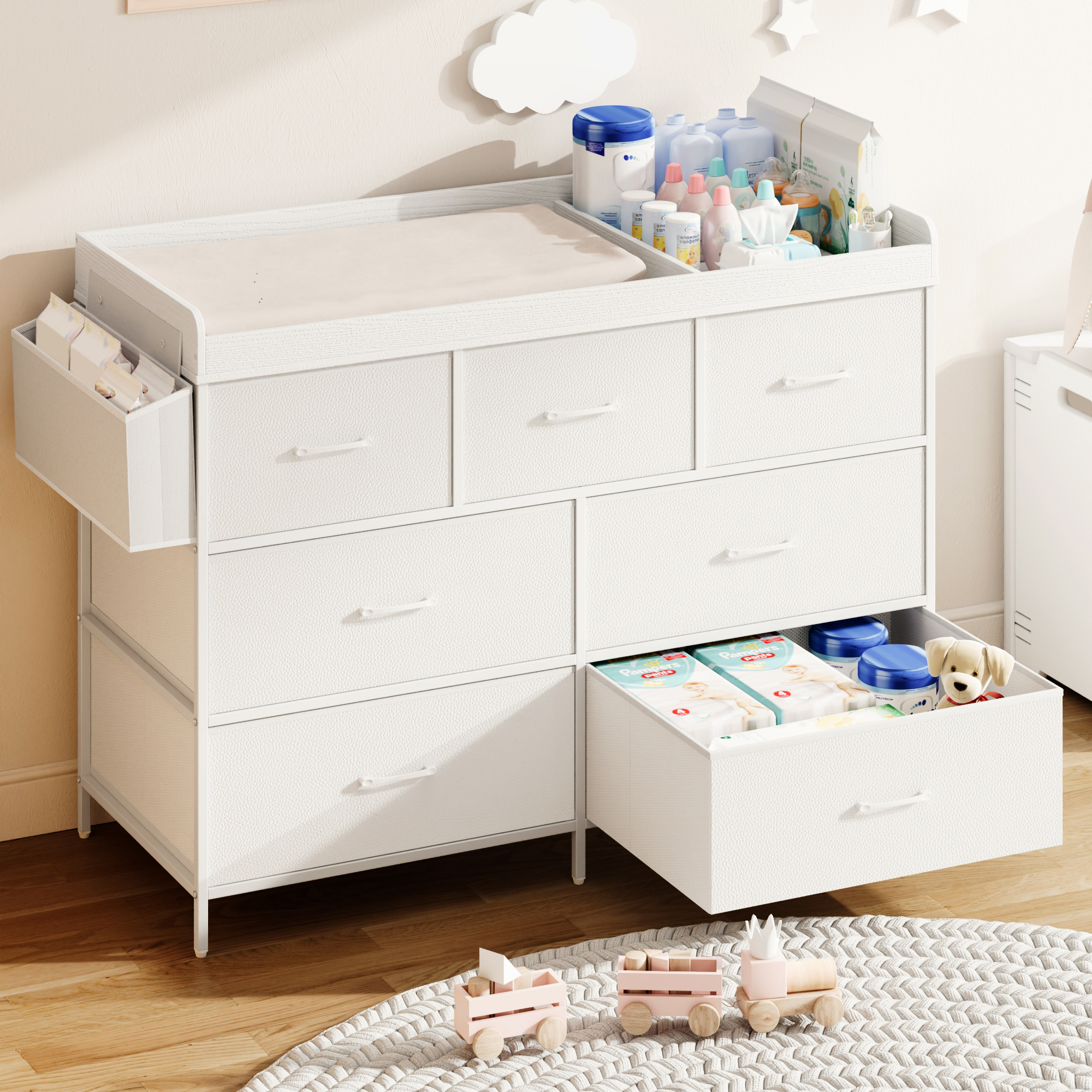 ANPOO Changing Table Dresser with Storage, Baby Dresser with Changing Table Top, Waterproof Diaper Changing Station with 7 Fabric Drawers for Nursery Modern