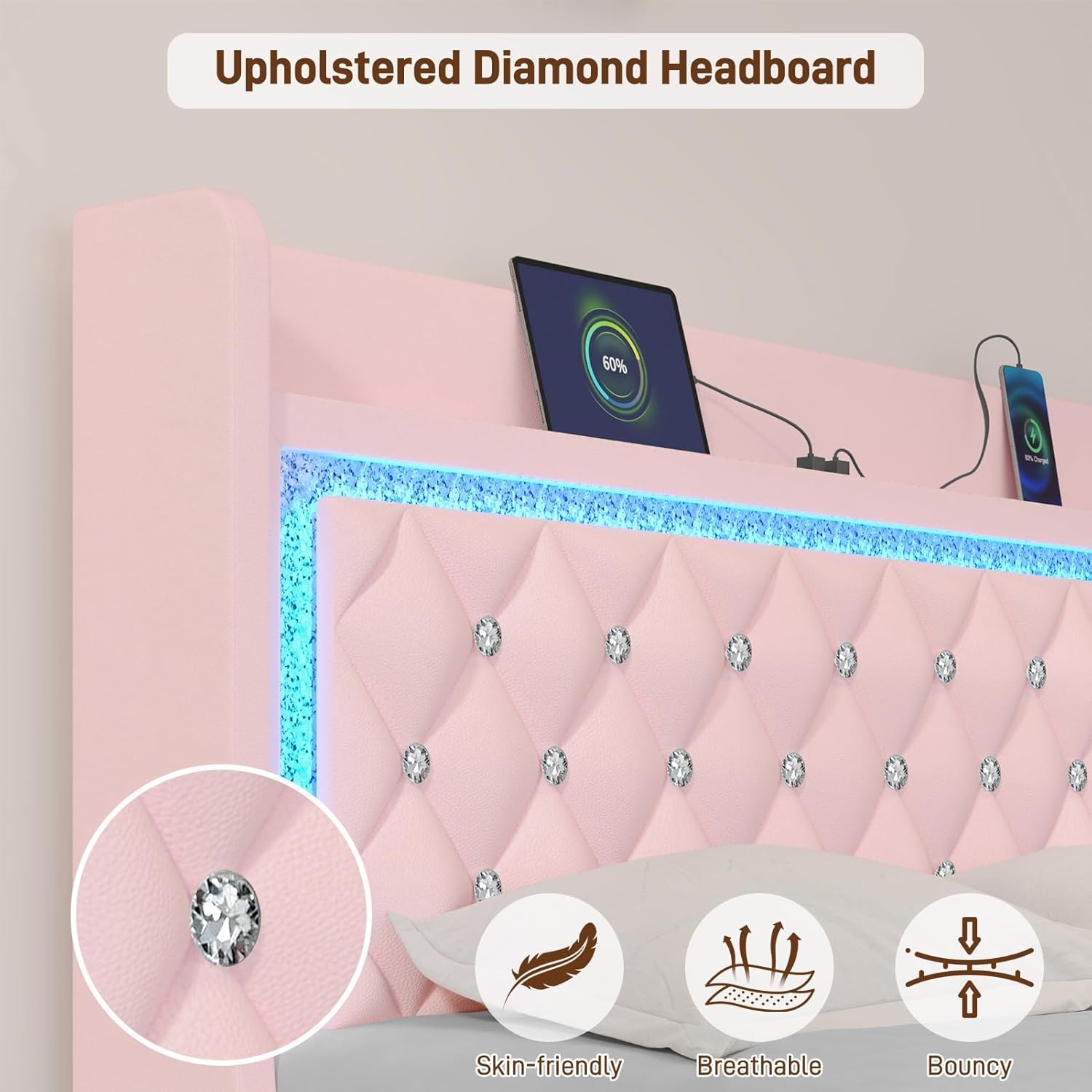 ANPOO LED Queen Bed Frame with Power Outlet & 2 Drawers, Upholstered PU Leather Platform Bed with Diamond Tufted Storage Headboard&Footboard, No Box Spring Needed, Noise Free, Pink