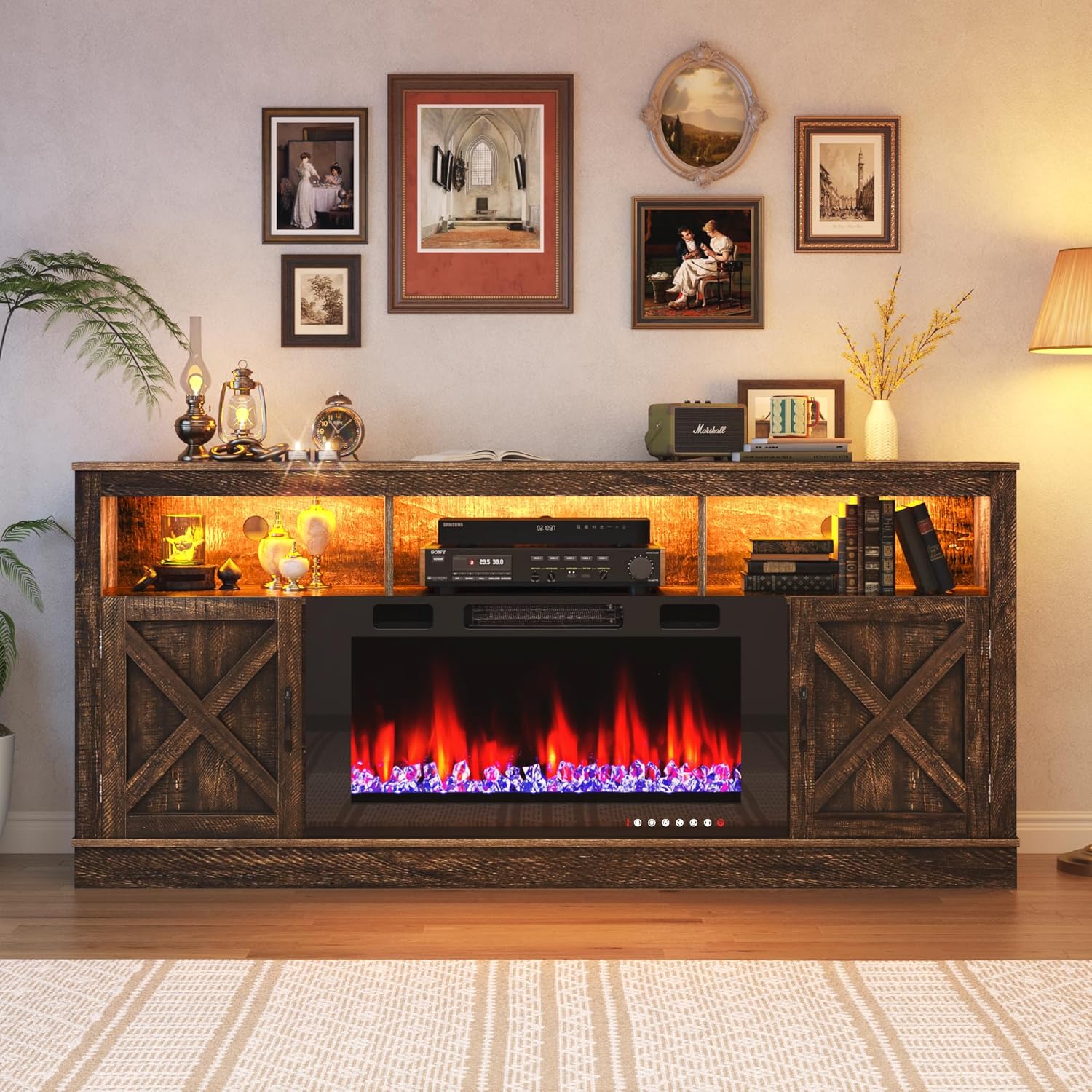 Fireplace TV Stand for 70/75/80 Inch TV with 36" Electric Fireplace, 70" Farmhouse Entertainment Center with LED Lights, Tall Media Console with Barn Door for Living Room, Bedroom