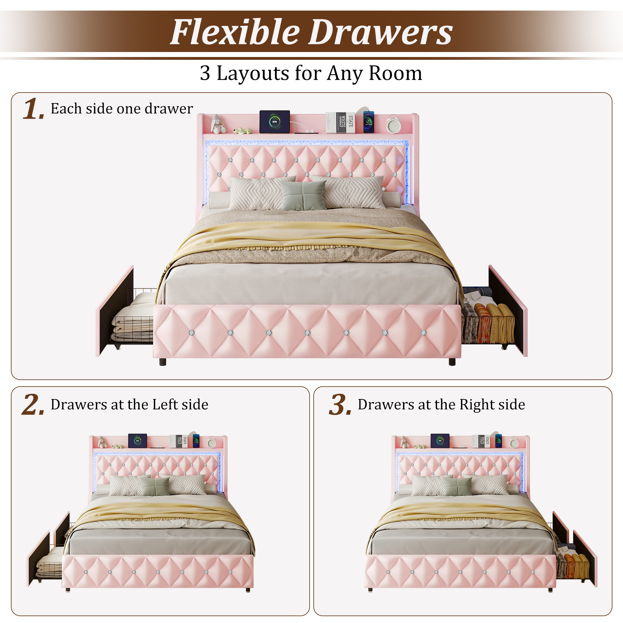 ANPOO LED Queen Bed Frame with Power Outlet & 2 Drawers, Upholstered PU Leather Platform Bed with Diamond Tufted Storage Headboard&Footboard, No Box Spring Needed, Noise Free, Pink