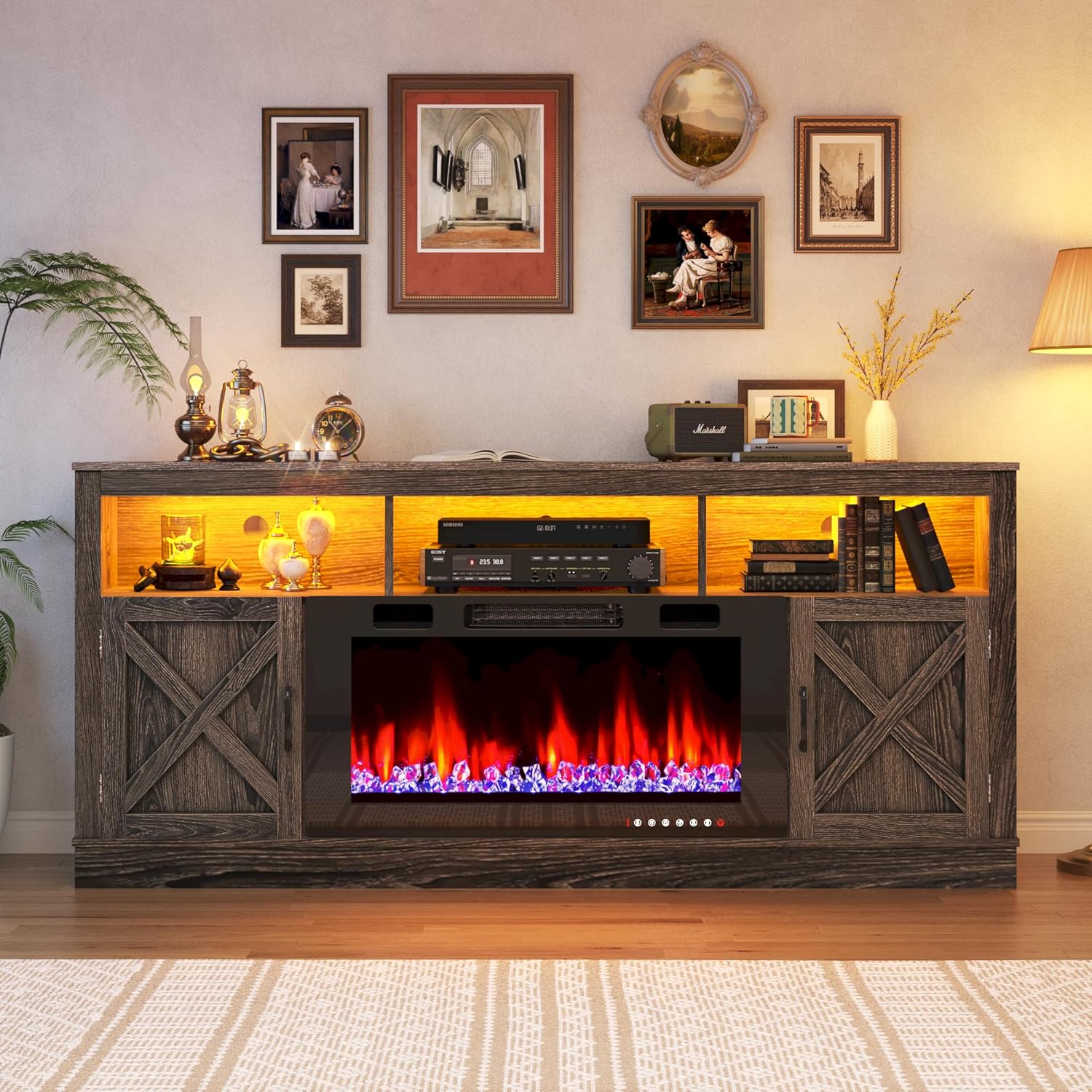 Fireplace TV Stand for 70/75/80 Inch TV with 36" Electric Fireplace, 70" Farmhouse Entertainment Center with LED Lights, Tall Media Console with Barn Door for Living Room, Bedroom