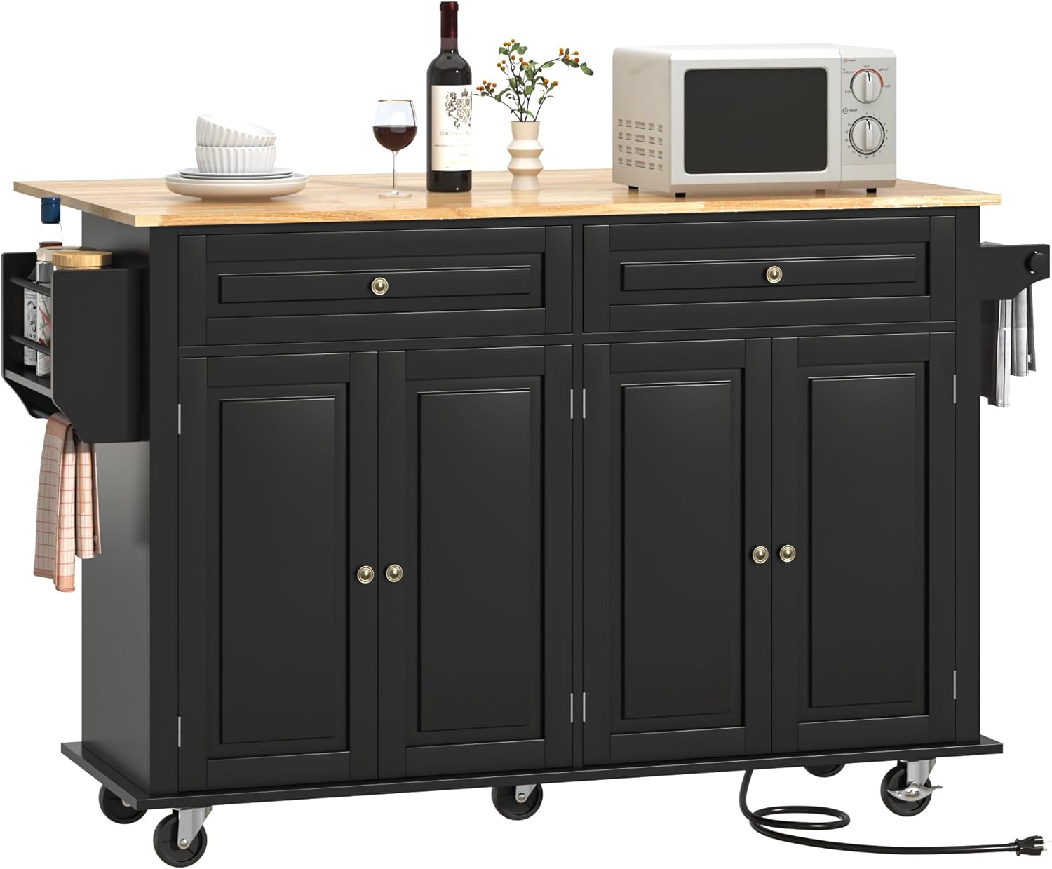 ANPOO 55" Movable Kitchen Island with Drop Leaf and Power Outlet, Rolling Kitchen Cart with Rubber wood Countertop, Island Table on Wheels for Kitchen w/2 Drawers, Spice Rack, Adjustable Shelves