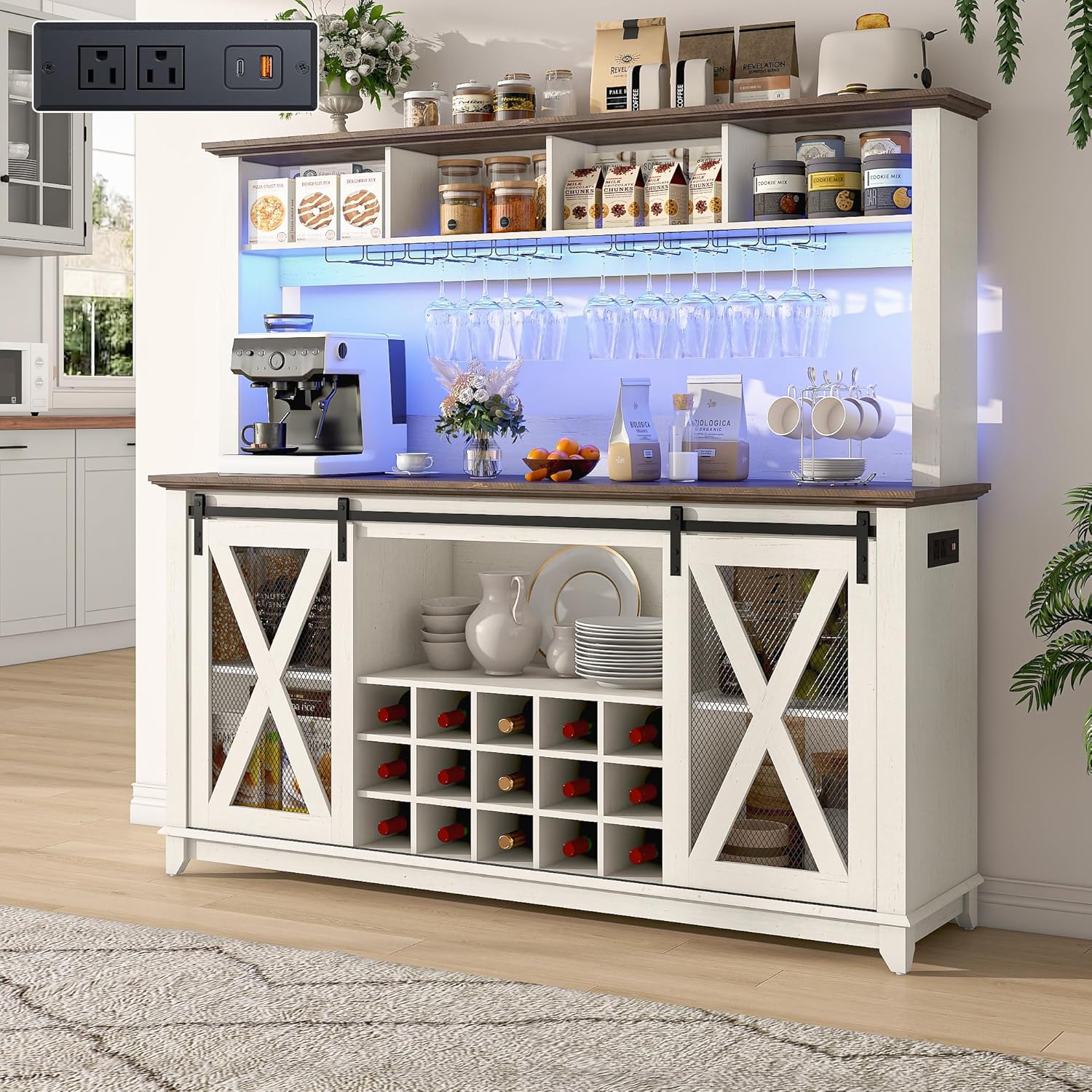 ANPOO 63"W Farmhouse Coffee Bar Cabinet with Power Outlet and LED Light, 58"H Wine Bar Cabinet with 4 Tier Storage Hutch, Kitchen Buffet Cabinet with 15 Wine and Glass Racks for Kitchen Dining Room